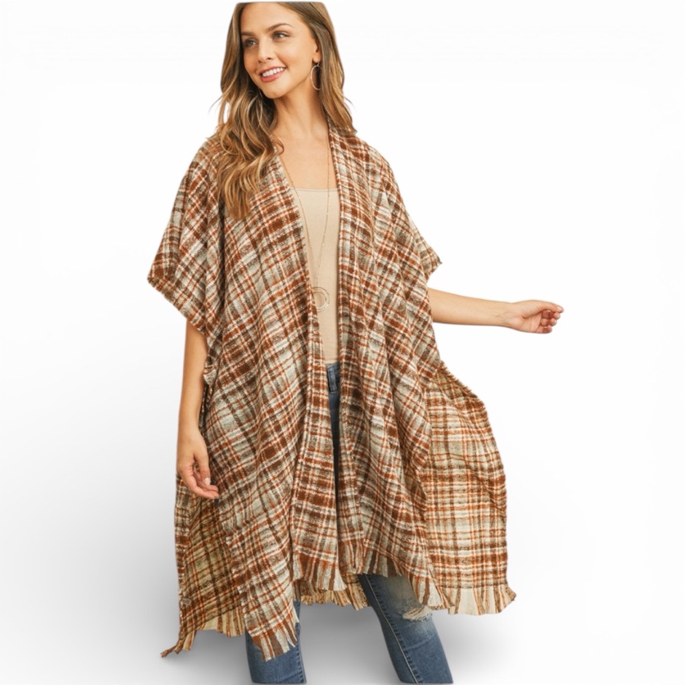 Tartan Plaid Knee Length Fringe Kimono In Camel Multi NWT